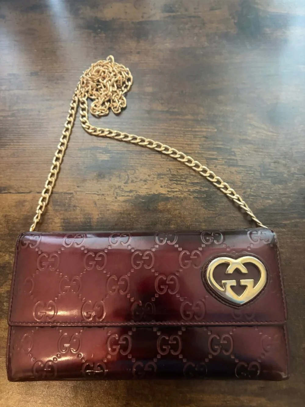 AUTHENTIC Gucci Shiny Guccissima Lovely Heart Continental Wallet w/ Chain